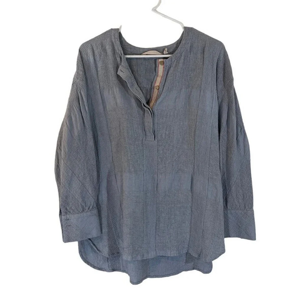 Soft Surroundings Light Blue Textured Blouse Petite Medium Henley Linen Blend - Picture 1 of 7